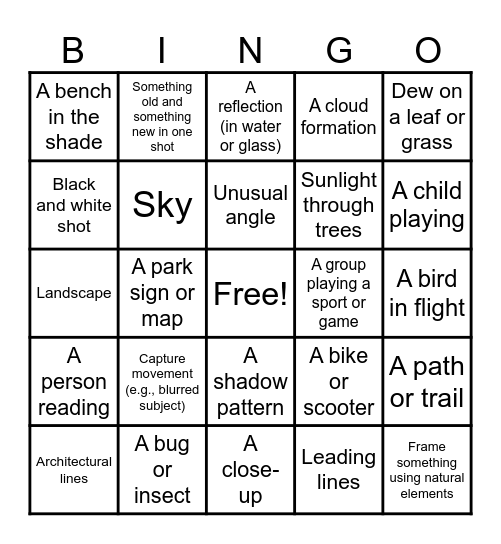 Photography Bingo Card