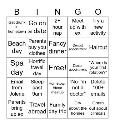 PCOM PA 2-week Break Bingo Card