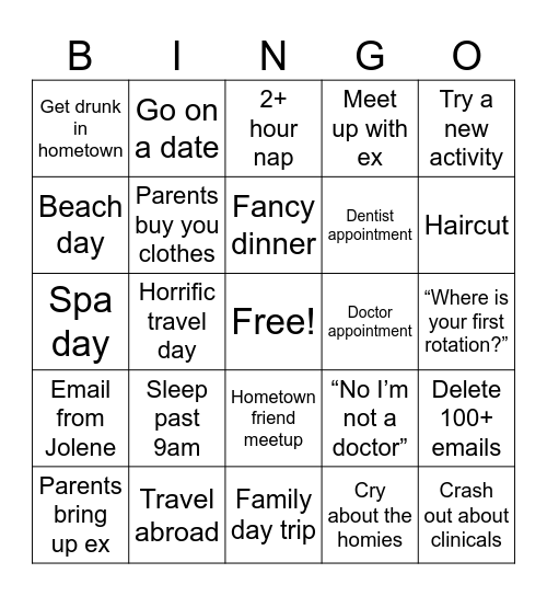 PCOM PA 2-week Break Bingo Card