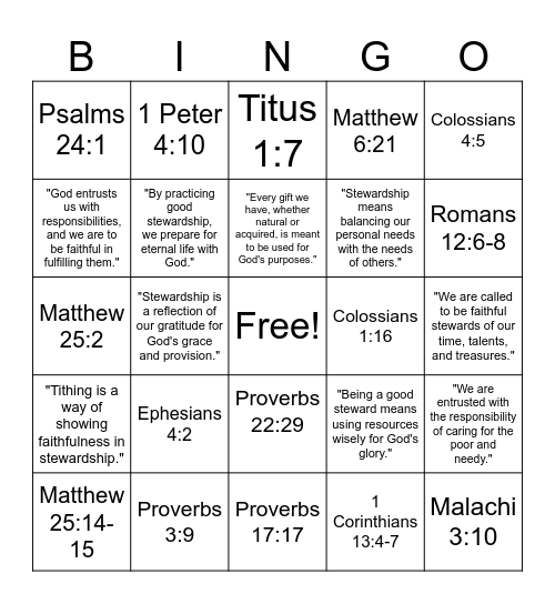 Stewardship Bingo Card