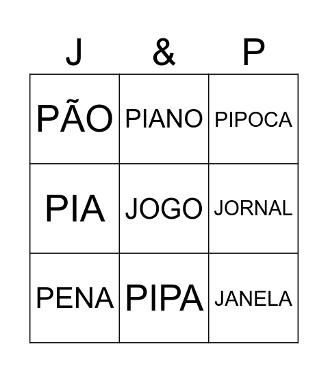 Bingo das palavras Bingo Card
