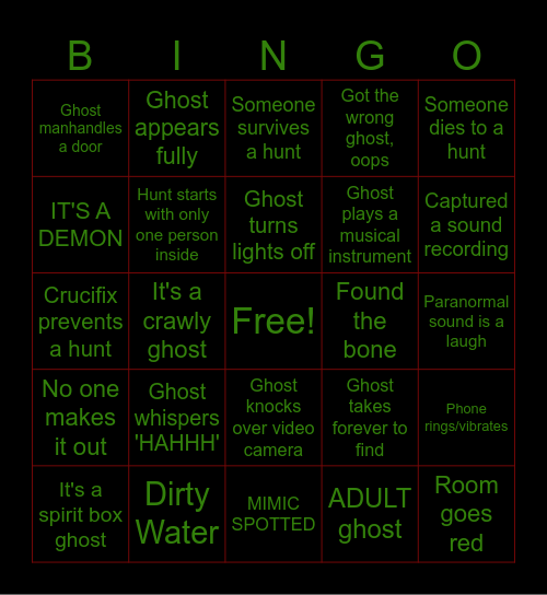 Phasmophobia Bingo Card