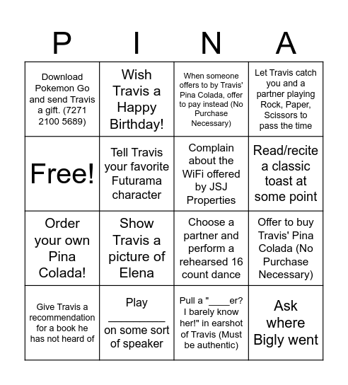 Pina Colada Run Bingo!! Bingo Card
