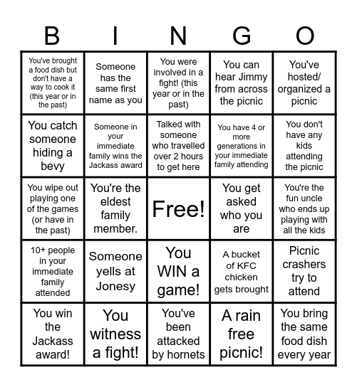 Lattimer Family Picnic BINGO Card