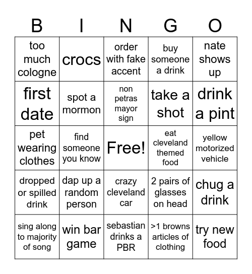 Bar Crawl Bingo Card