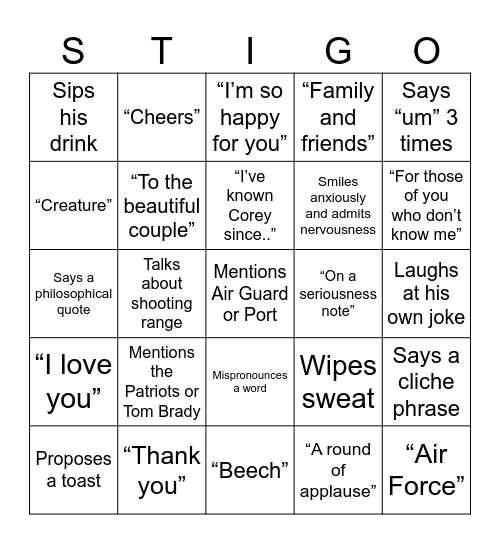 Stiger’s Bestman Speech Bingo Card