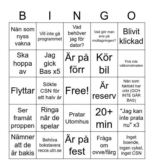 Ringa Recce-bingo Card