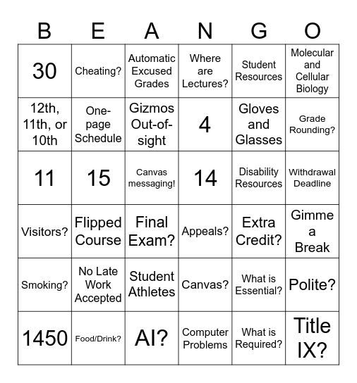 Syllabus Beango! Bingo Card