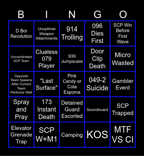 SCP Secret Laboratory Skillz Cabana Bingo Card