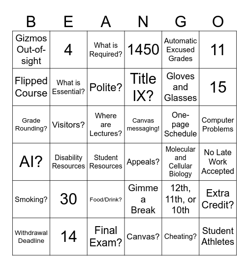 Syllabus Beango! Bingo Card