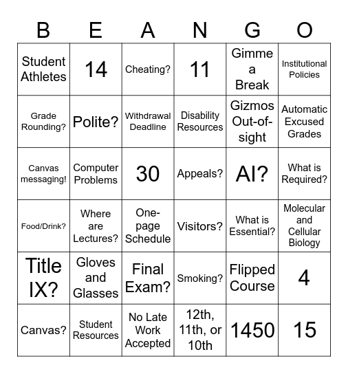Syllabus Beango! Bingo Card