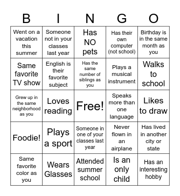 High School Classmate Bingo Card