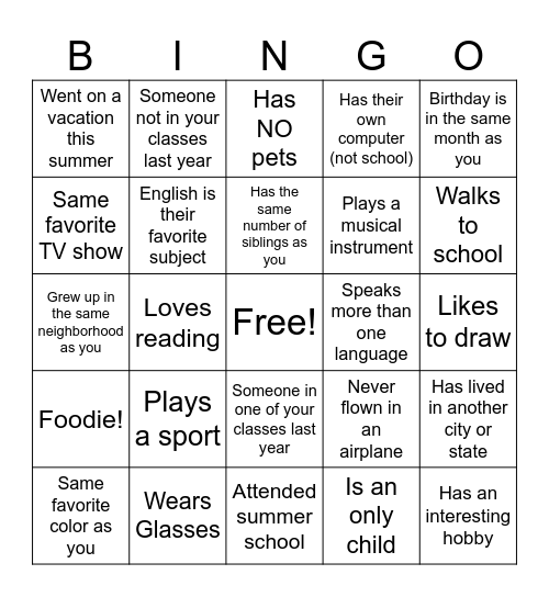 High School Classmate Bingo Card