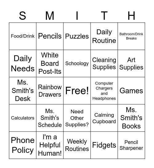 Classroom Procedures Bingo Card