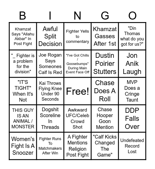 UFC 319 Bingo Card