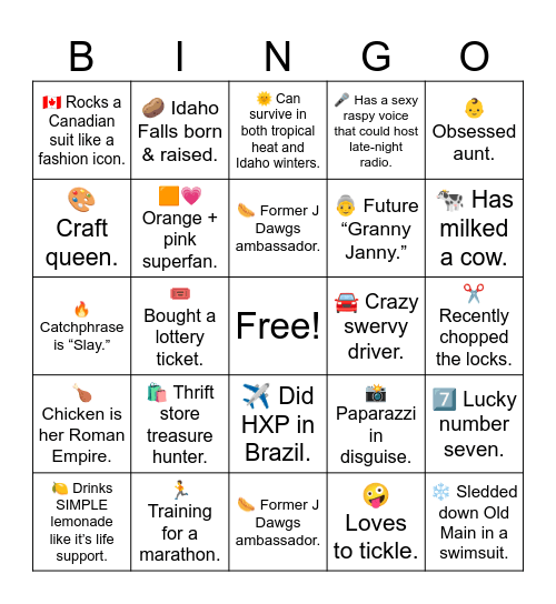 Janeal Bingo Card