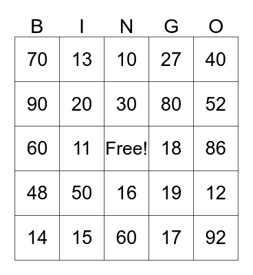 Number Bingo Card