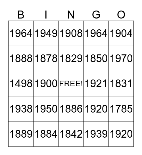 What Year ?  Bingo Card