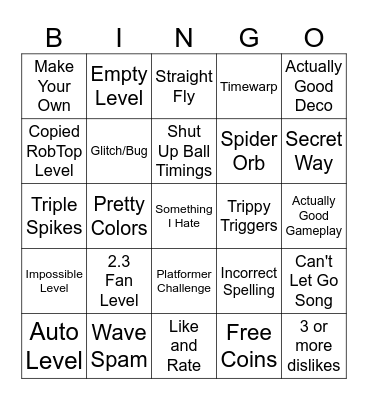 Geometry Dash Recent Tab Bingo Card