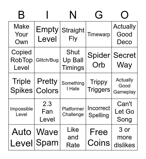Geometry Dash Recent Tab Bingo Card