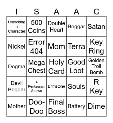 The Binding of Isaac Bingo Card
