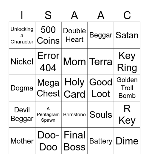 The Binding of Isaac Bingo Card
