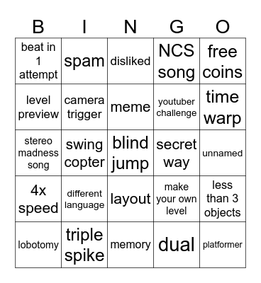 Geometry Dash bingo Card