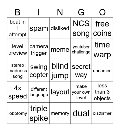 Geometry Dash bingo Card