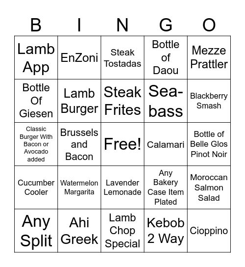 Dinner Bingo 08/16/2025 Bingo Card