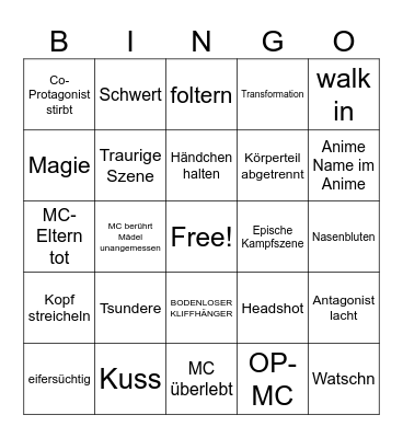 Anime Bingo Card