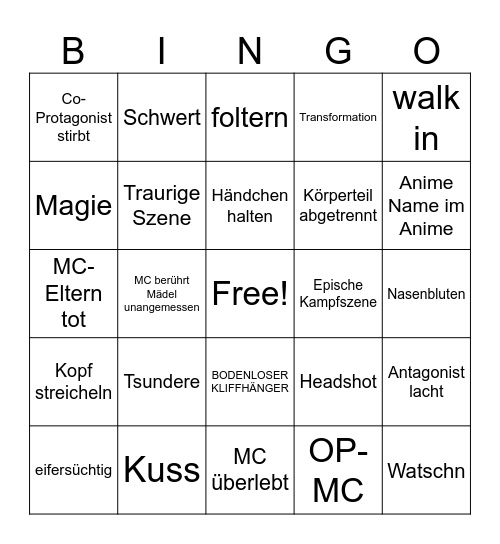 Anime Bingo Card