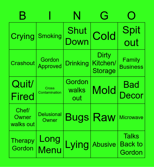 Kitchen Nightmares Bingo Card
