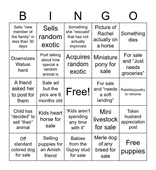 RM Animal Bingo Card