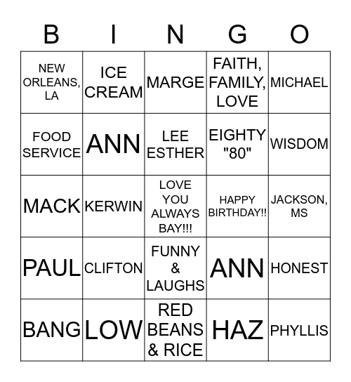 BAY'S BIRTHDAY  Bingo Card