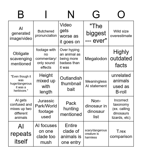 AI Dino Sludge Bingo Card