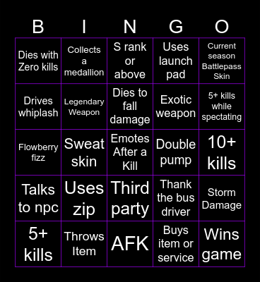 Fortnite BR Bingo Card