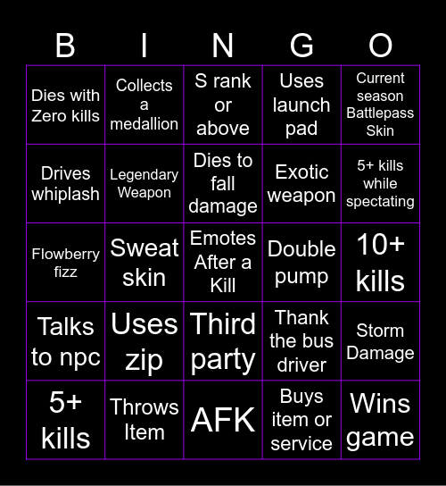 Fortnite BR Bingo Card