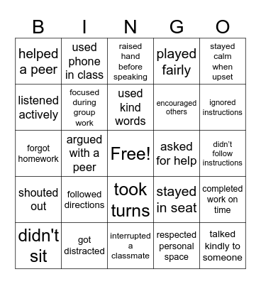 Behavior BINGO Card