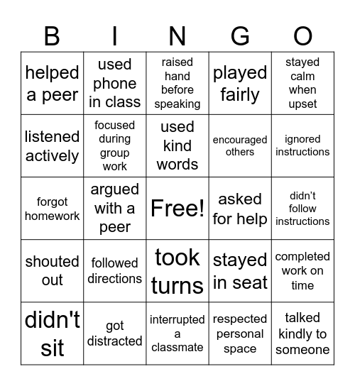 Behavior BINGO Card