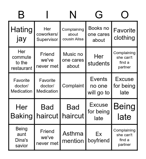 Aunt Alyssa Bingo Card