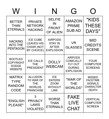WAR OF THE WINGO Bingo Card