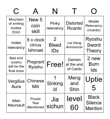 Canto 9 Prediction Bingo Card