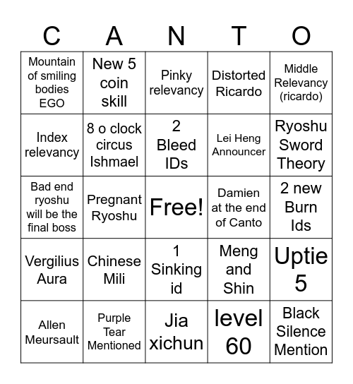 Canto 9 Prediction Bingo Card