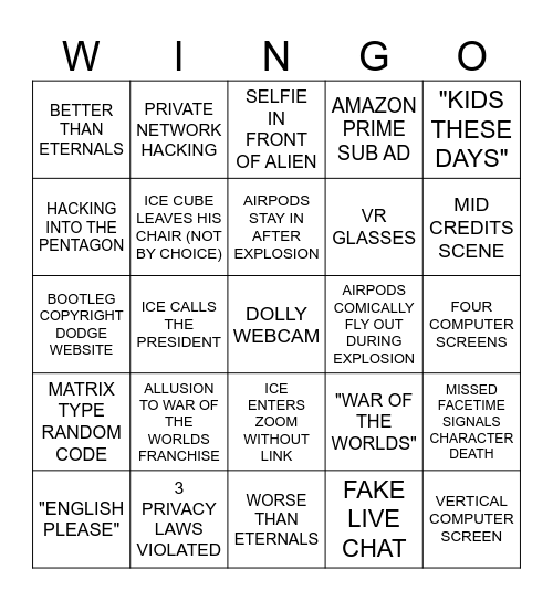 WAR OF THE WINGO Bingo Card