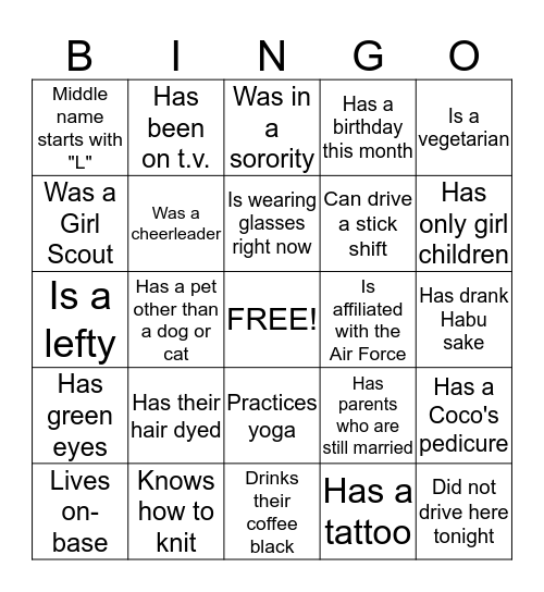 Sip and Shop Bingo Card