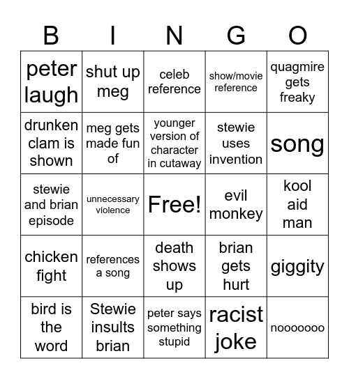 family guy bingo Card