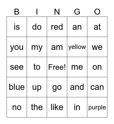 Heart Words Bingo Card