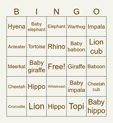 Safari! Bingo Card