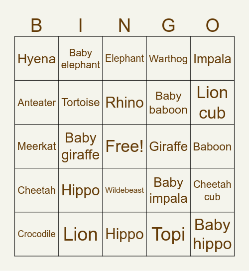 Safari! Bingo Card