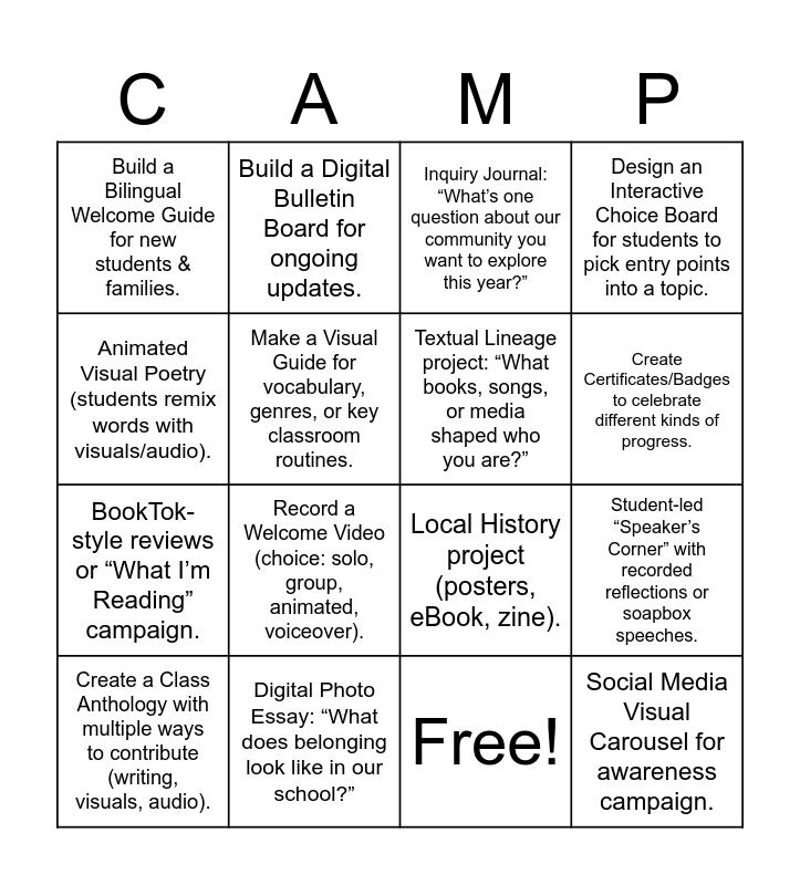 TDSB Camp Bingo Card